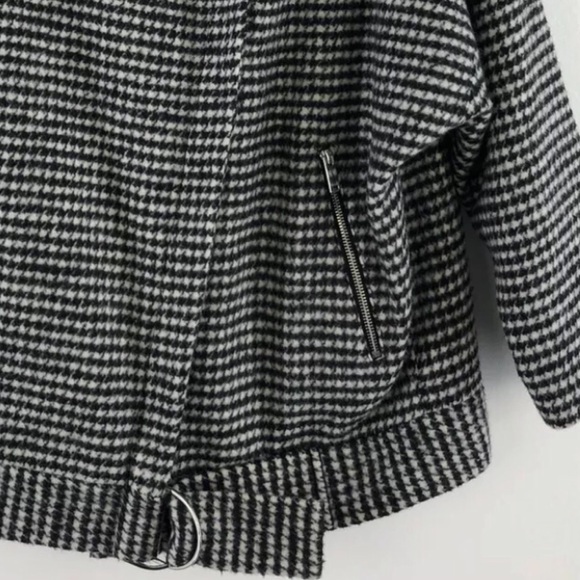 TOPSHOP B/W Houndstooth Wool Blend Pea Coat w Belted Collar & Hem Zipper Pockets - Picture 9 of 13